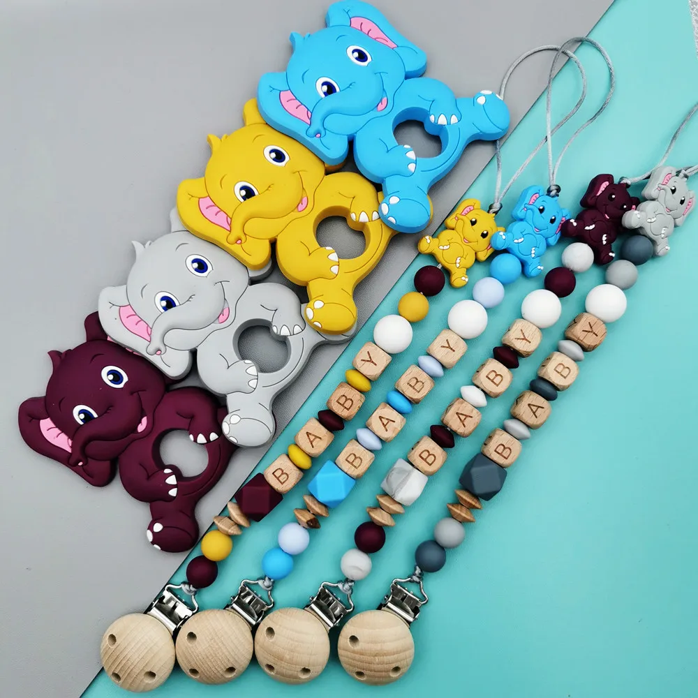 Custom Letter Names Elephant Pacifier Clip Chain Pendants for Baby Infant Chew Leash Nipple Holder Teether Creative Gift