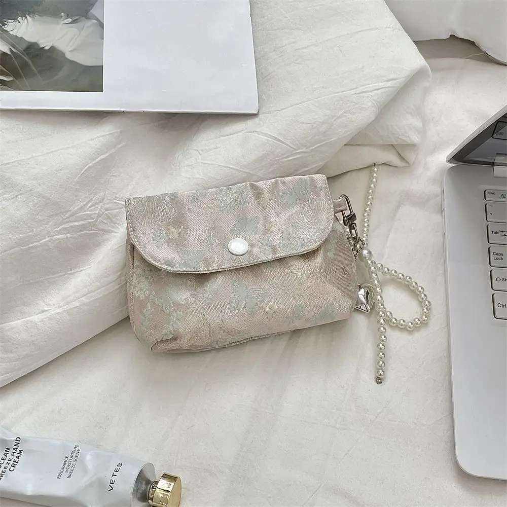 

Embroidery Button Coin Purse Butterfly Pearl Keyring Small Lipstick Bag Lightweight Earphone Case Chinese Style Storage Bag