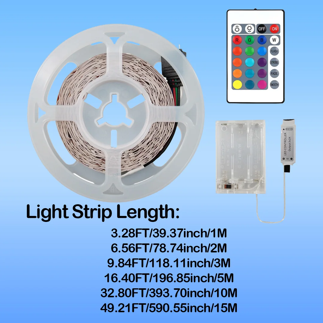 1PC 5V LED Strip Lights with 24-Key IR Control and Battery Box,Cuttable,Suitable for Bedroom,TV,Halloween and Christmas Party