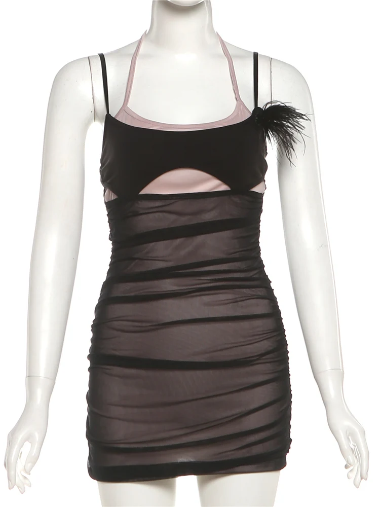 Estranho gato sexy malha retalhos vestido feminino halter dupla camada ruched pena sem mangas oco chique estiramento magro festa clubwear