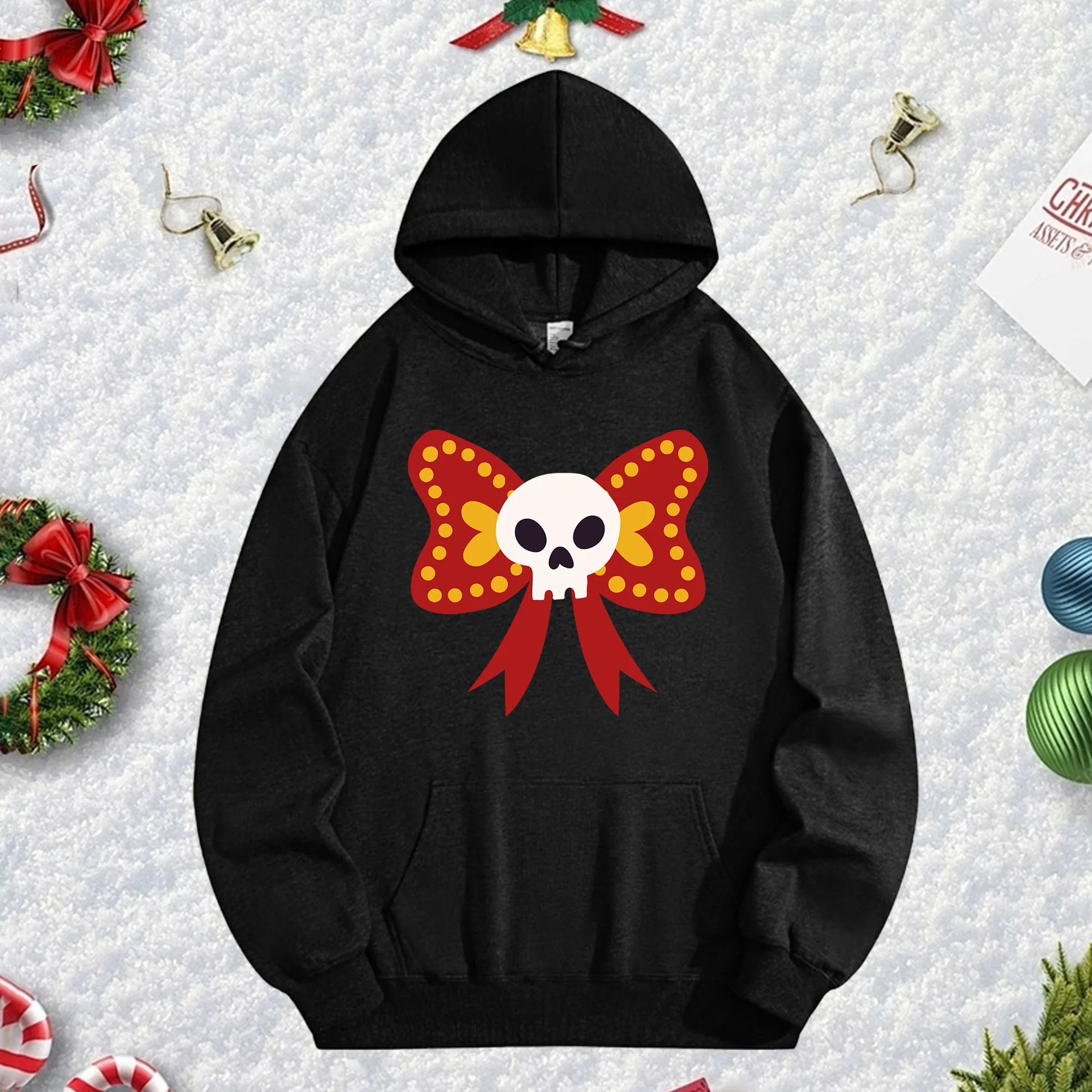 

Черная толстовка унисекс с бантом и черепом 270 г, уютный флисовый пуловер для зимы, рождественского и новогоднего праздничного наряда