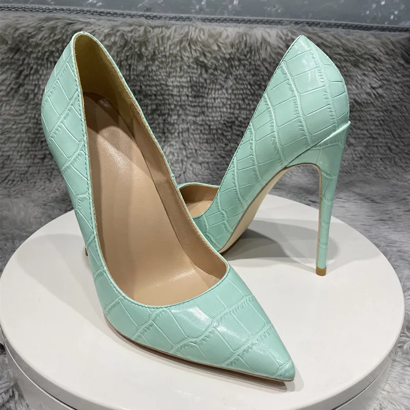 Tikicup Mint Light Green Crocodile Effect Women Sexy Pointy Toe High Heel Shoes for Party Comfortable Slip On Stiletto Pumps