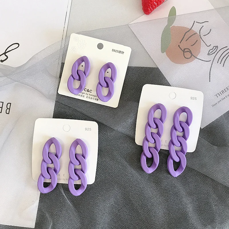 Purple Color Chain Design Acrylic Long Dangle Earring for Women Rubber Paint Geometric Brincos  Jewelry Wholesale Christmas Gift