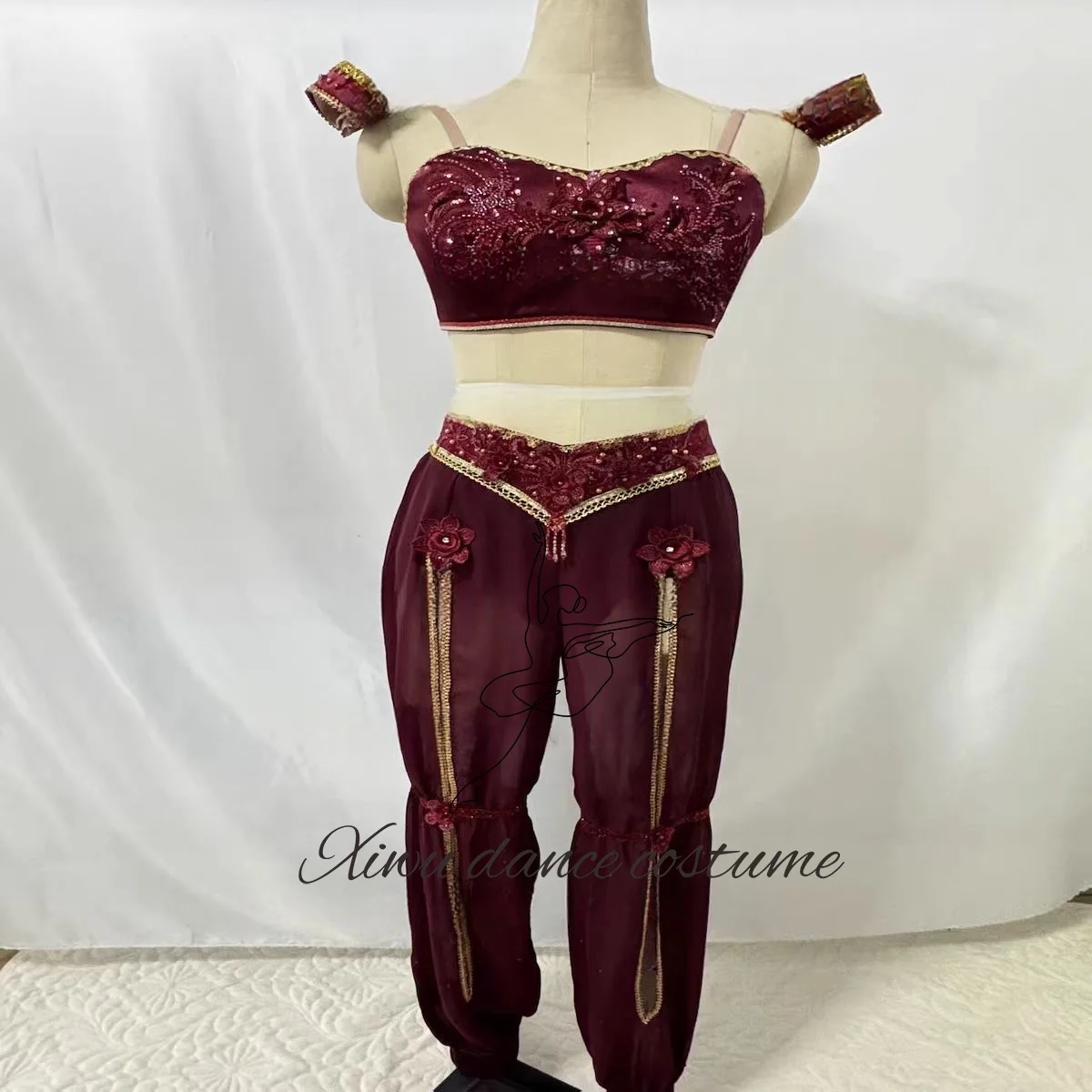 Professional ballet Arab split wine red custom competition chiffon skirt