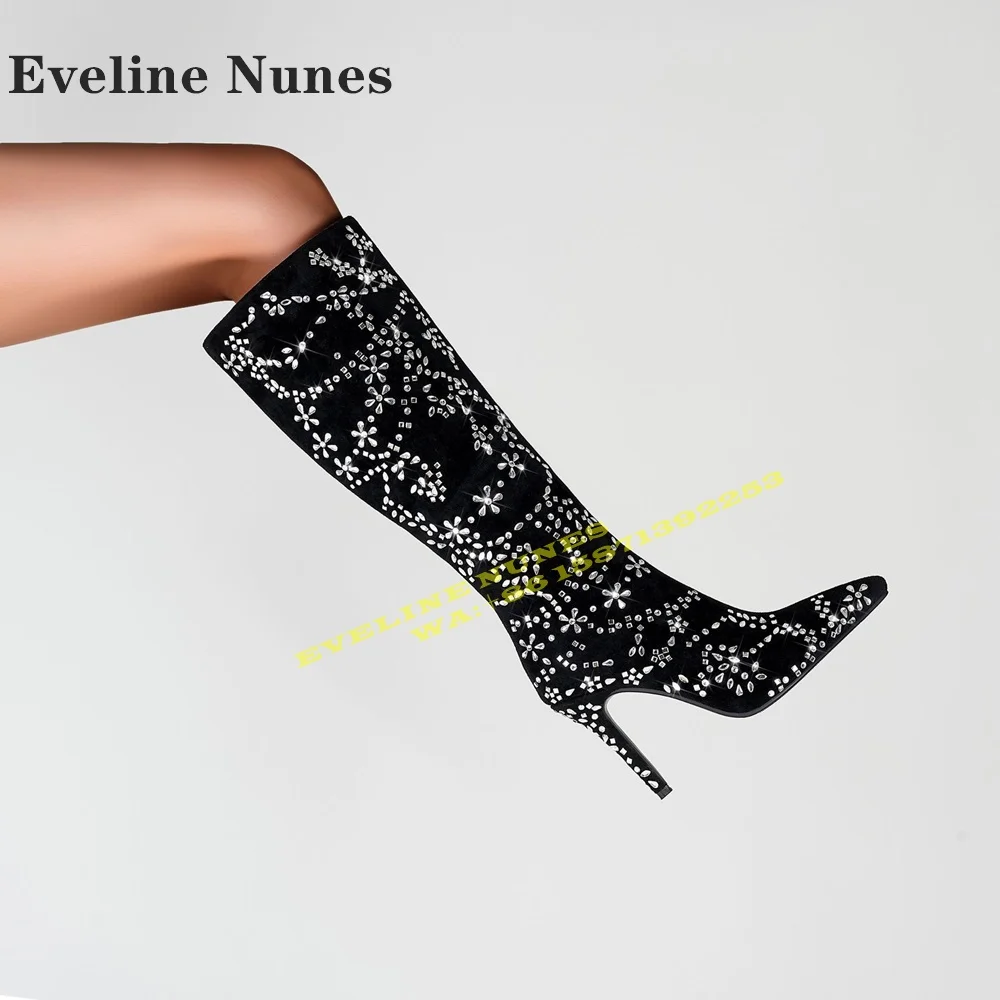 

Black Rhinestone Pointed Toe Knee-High Boots Stiletto Heels Side Zipper Plus Size Sexy Fashion Party Booties 2024 New Style