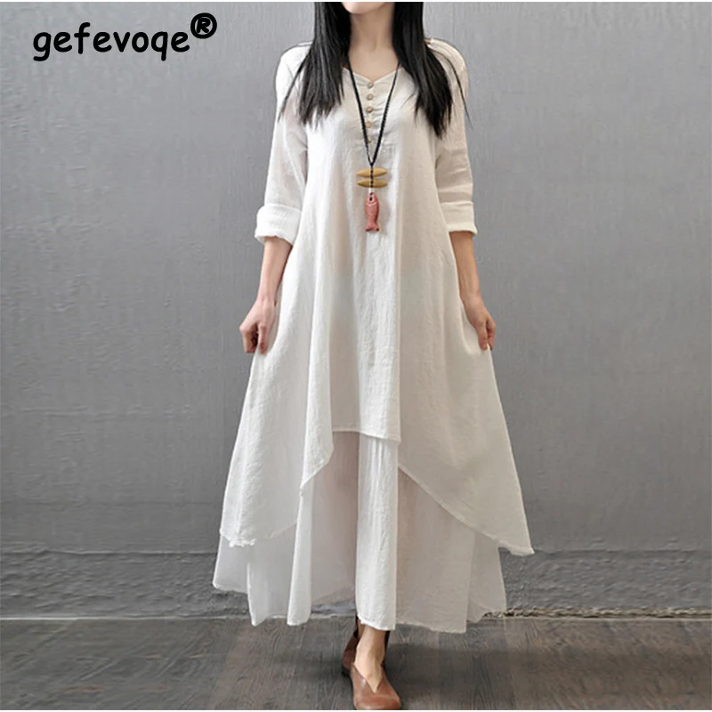 Spring 2022 New Oversized Literature Art Vintage Fake Two Piece Cotton Linen Dress Women Long Sleeve Loose Casual Dresses Robes