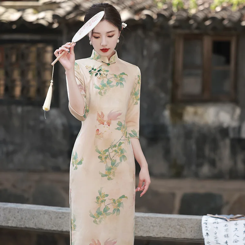 

Yourqipao Autumn Retro Suede Classic Cheongsam Fashion Elegant Catwalk Performance Qipao Chinese Style Evening Dress for Women