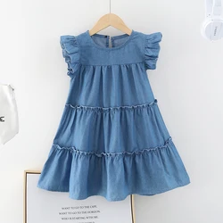 Summer Girls Dress Summer Flying Sleeve Pure Blue Tiered Dress Casual Style Kids Clothes