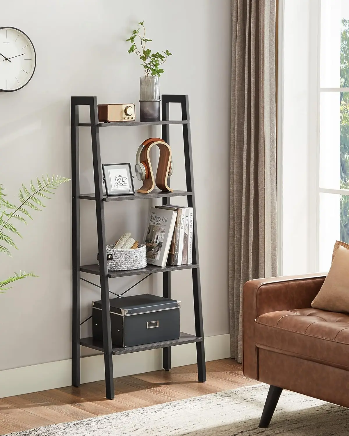 Ladder Shelf with Metal Steel Shelf, Home Bookcase, Storage Shelf for Living Room, Kitchen, Bedroom, Office Use, 4 Tier images - 6