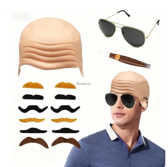 Glatze Kappen Gläser und Schnurrbart Glatze Perücke Kappe Party Kostüm Zubehör für Frauen Männer Halloween Cosplay (Falten) disfraz