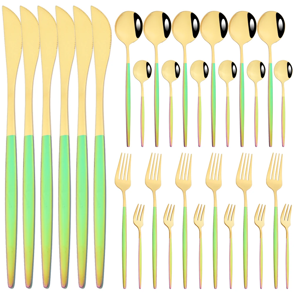 

30Pcs Colorful Gold Dinnerware Set Knives Cake Fork Tea Spoons Cutlery Set Stainless Steel Silverware Kitchen Tableware Flatware