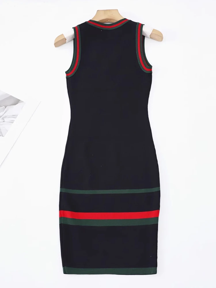 V Neck Black Stripe Knitted Tank Dresses Casual Slim Simple Fashion Korean Women Sleeveless Dress Sexy Vestidos New Clothes