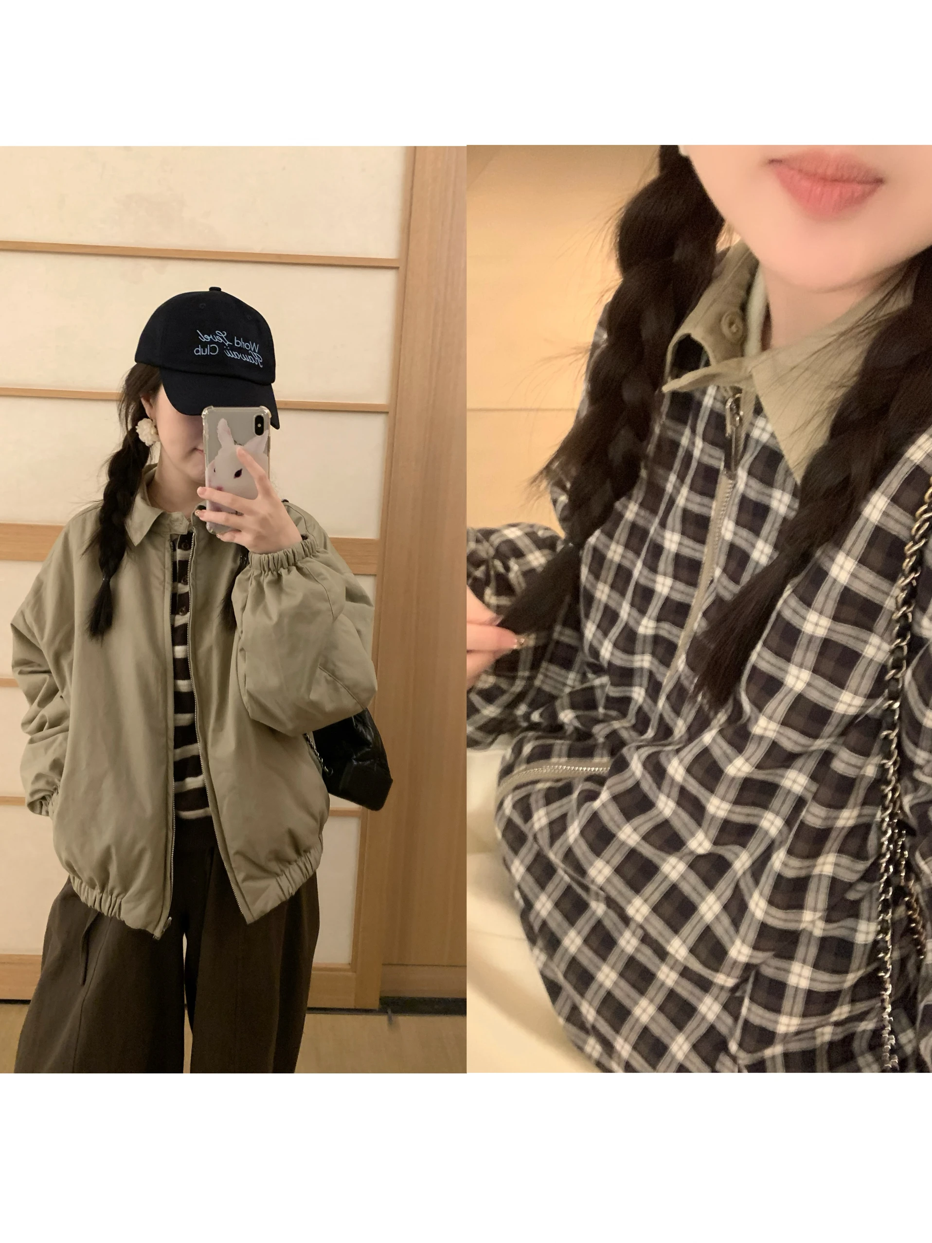 

LL Pure Cotton Khaki Plaid Women's Autumn Winter Commute Warmth Double-Sided Wear ort Coat Casual Loose Fit Zipper Closure