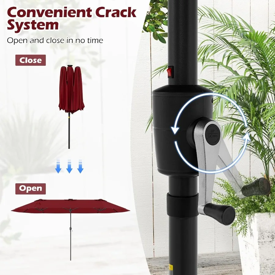 15.5 FT Doublesided Patio Umbrella with Solar Lights for Outdoor Garden Deck Poolside Use Oversized Rectangle Design with Crank