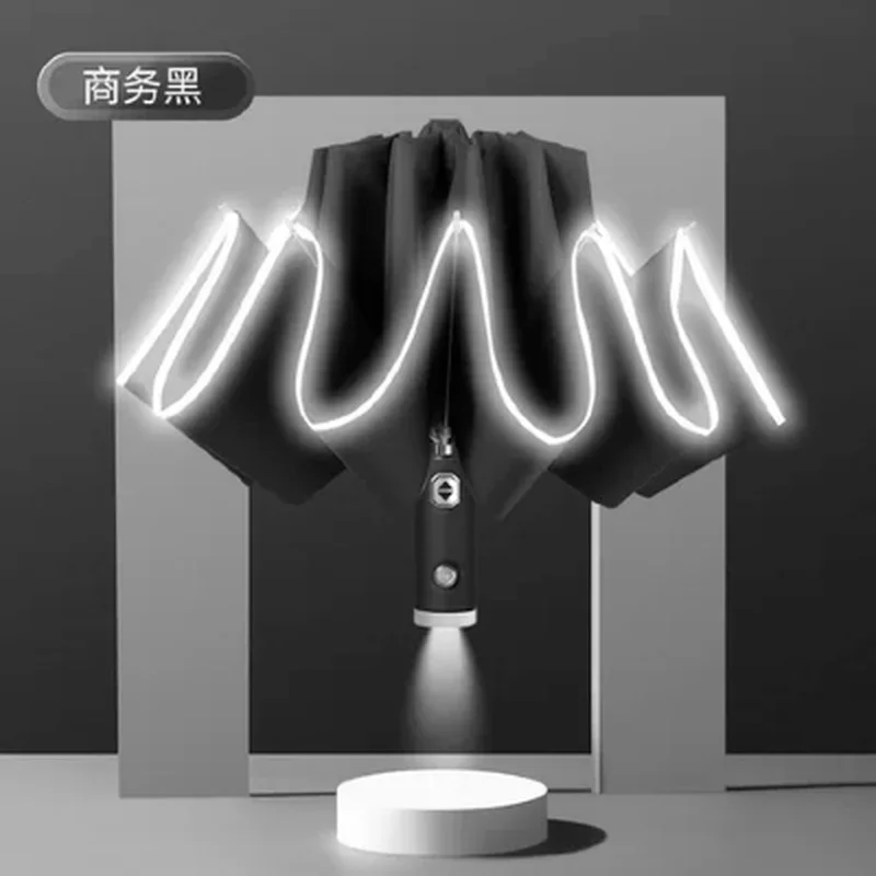 New  Auto Open Close Light-emitting LED Reverse Umbrella Ten-bones Three-folding Automatic Business Umbrella with Light.