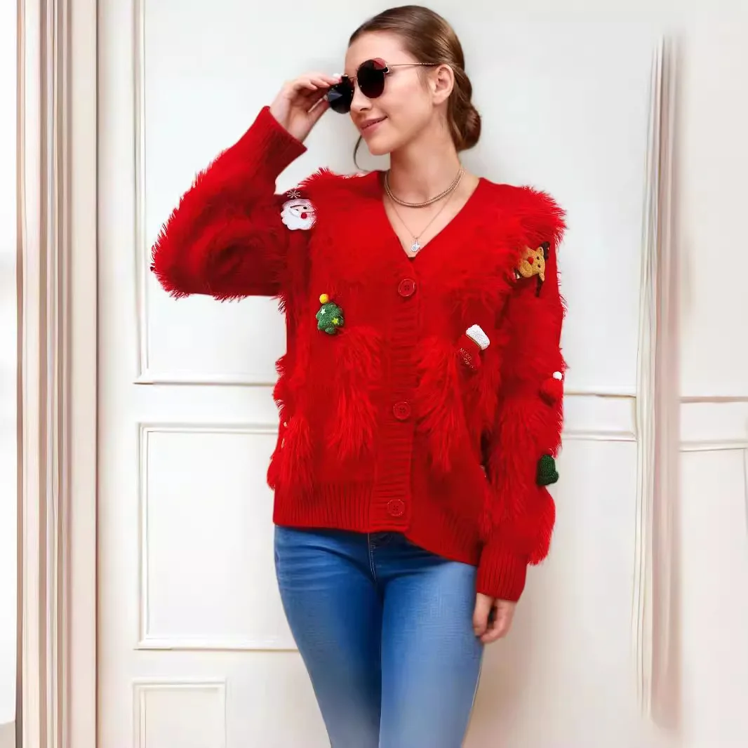 

Красный рождественский плюшевый норковый кардиган, праздничный 3D кардиган на пуговицах, праздничный кардиган на одной пуговице, уютный свитер с открытой передней частью