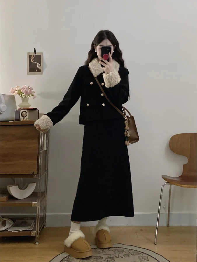 

Женский комплект из двух предметов: куртка с воротником из искусственного меха и юбка на хлопковой подкладке, с высокой талией, для осени и зимы, модный ансамбль больших размеров