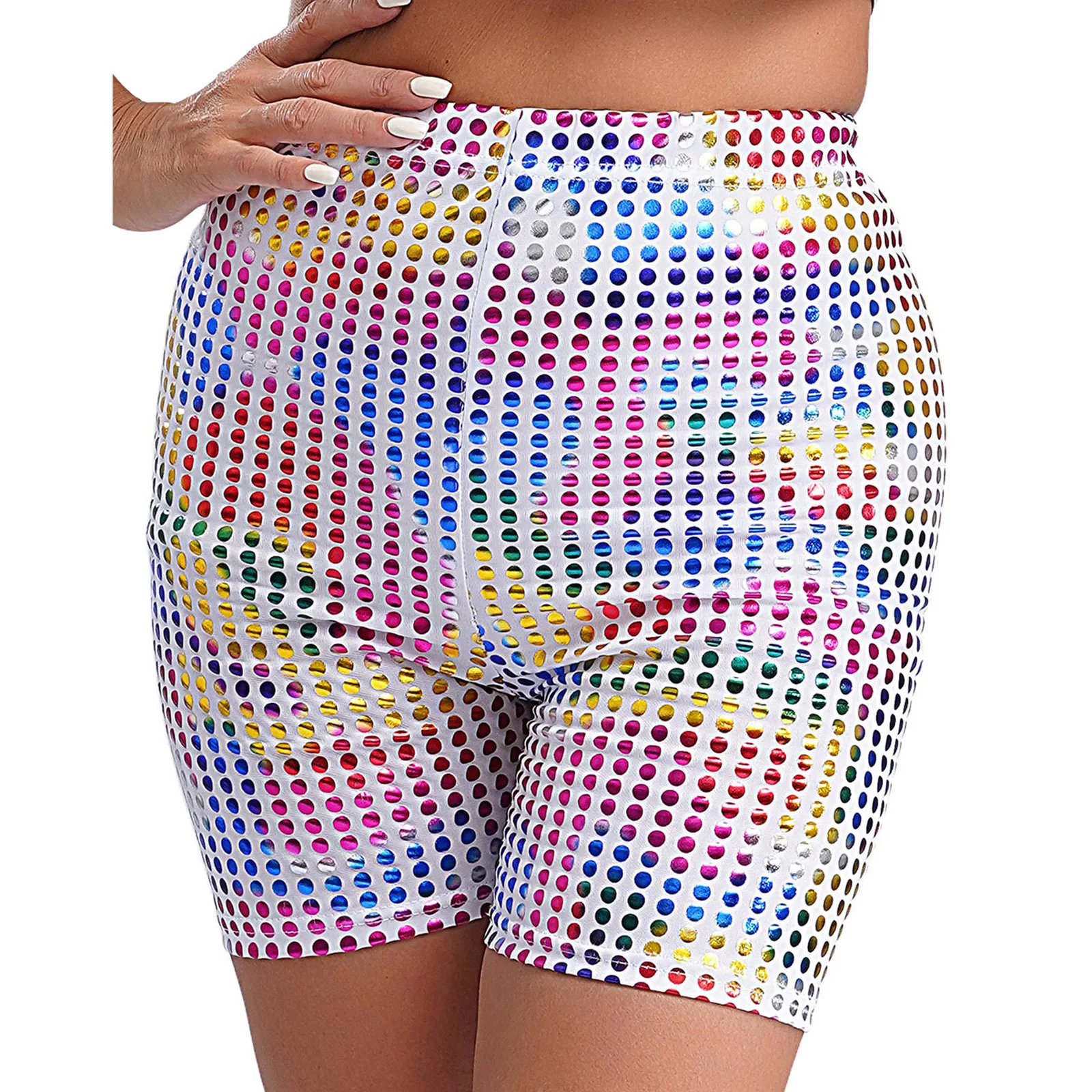 Unisex Damen Herren holografische glänzende Shorts, elastischer Bund, gepunktet, heiße Boxershorts für Tanzparty-Performance-Kostüme