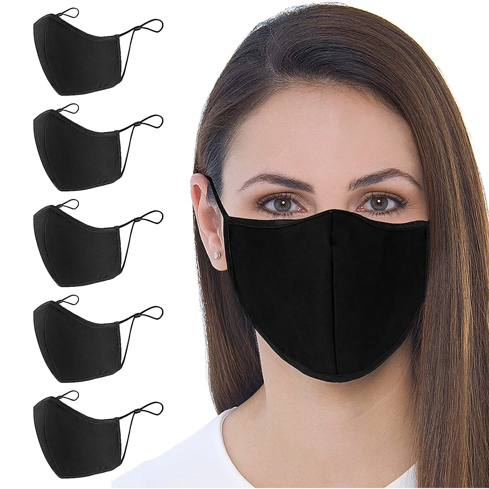 5 Packs Of Neutral Cloth Washable Reusable Cotton Earrings Fitted Outdoor Cycling Mask Comfortable And Breathable Black Mask