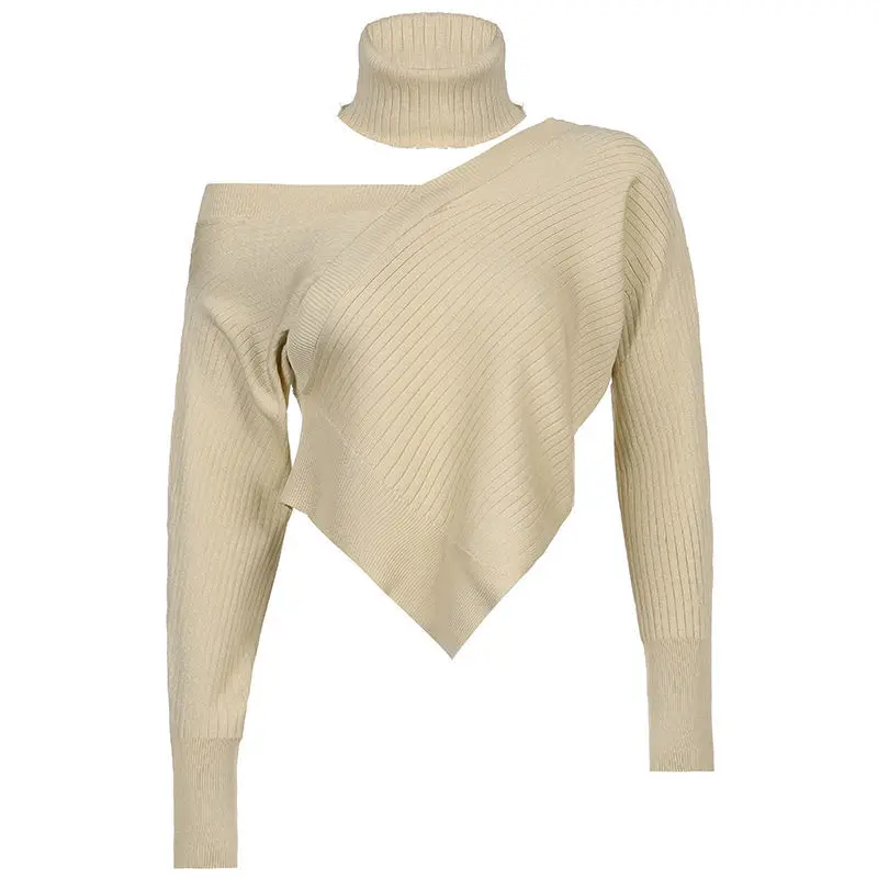 Knitted Sweater Irregular V-Neck Off Shoulder Autumn Solid Criss-Cross Women Long Sleeve Sexy Elegant Party Pullover Tops Female