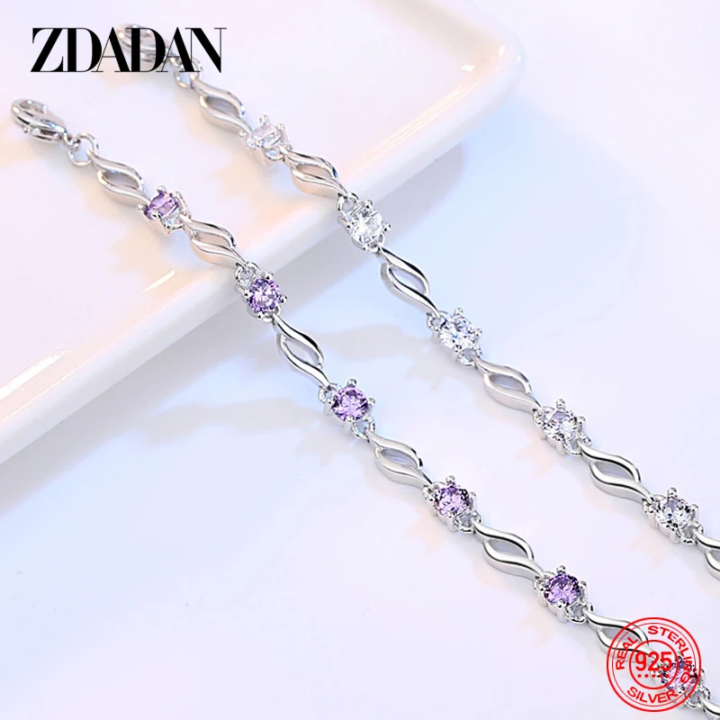 ZDADAN 925 Sterling Silver Crystal Bracelet Chain For Women Fashion Jewelry Gift