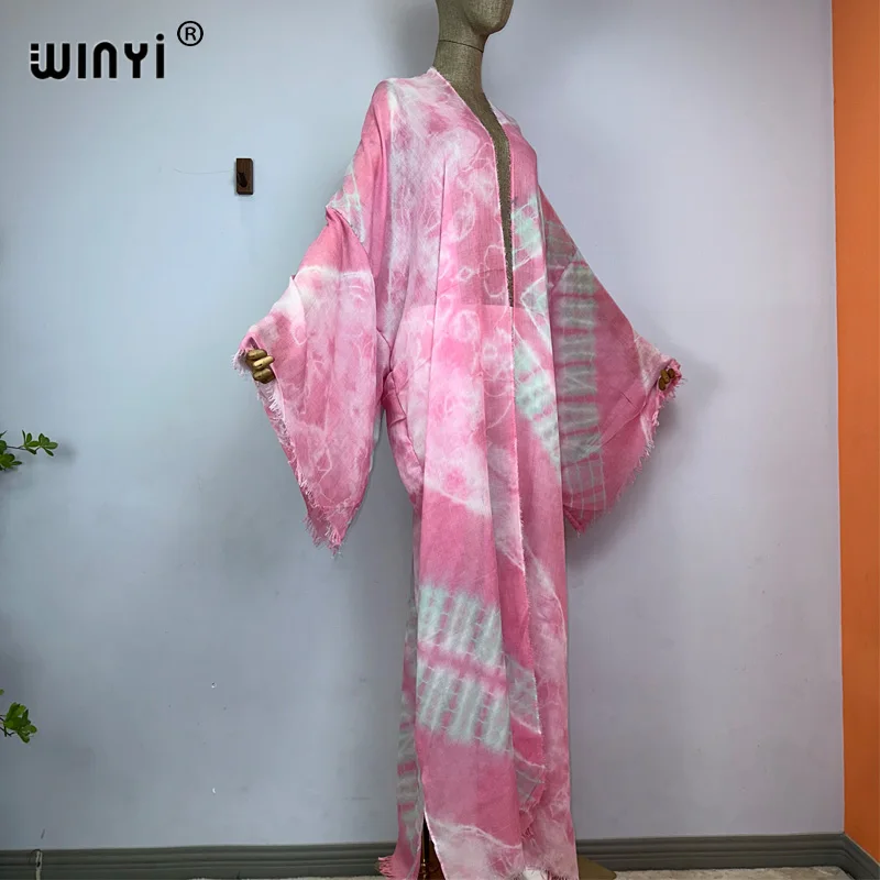 WINYI new Women Tie-dye print Elegant Casual dress African Cardigans Outerwear For Women Summer Sexy cotton feeling loose Kimono