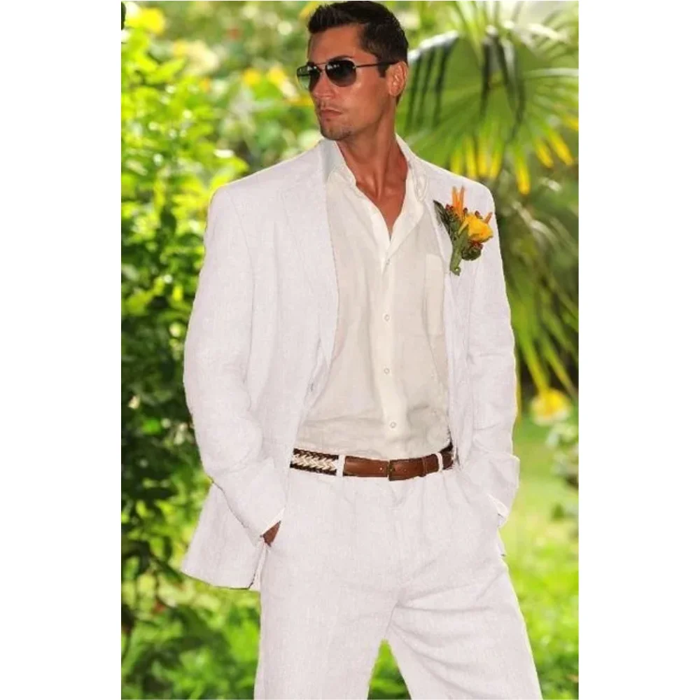 

Summer Beach White Linen Mens Suit Groom Tuxedos Groomsmen Wedding Blazer Suits For Men Stylish 2pieces (Jacket+Pants)