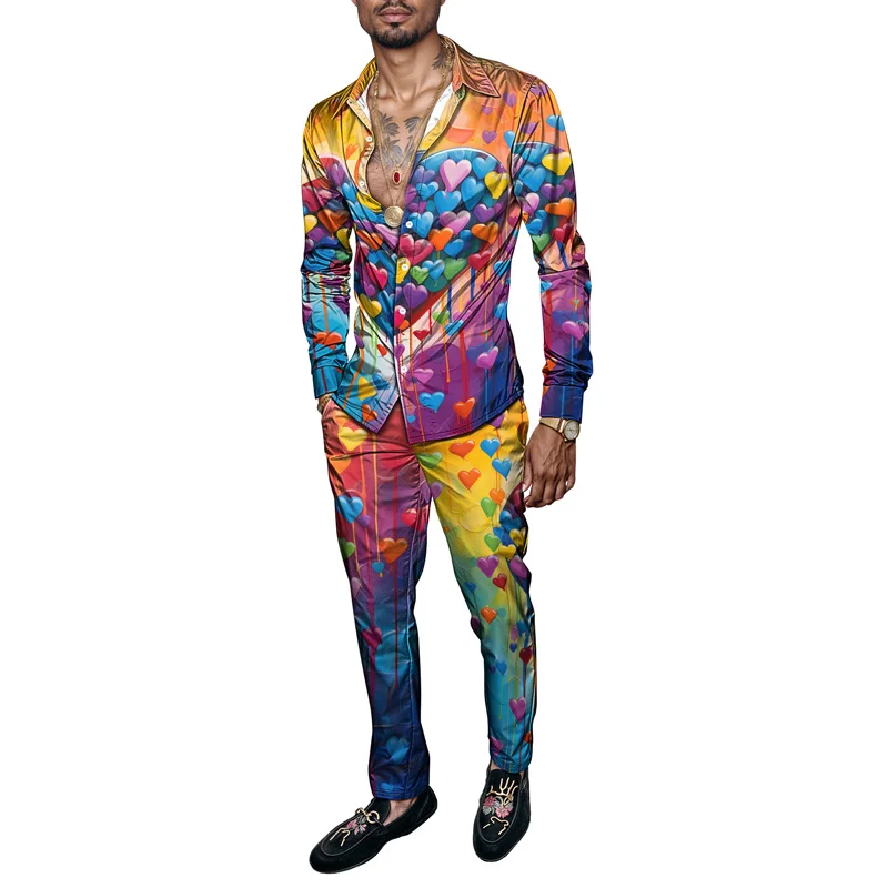 

2025 Latest Spring Summer Men Shirt Set Brand Print Fashion Simple 2 Piece Set Mens Luxury Lightweight Party Long Sleeves Suit