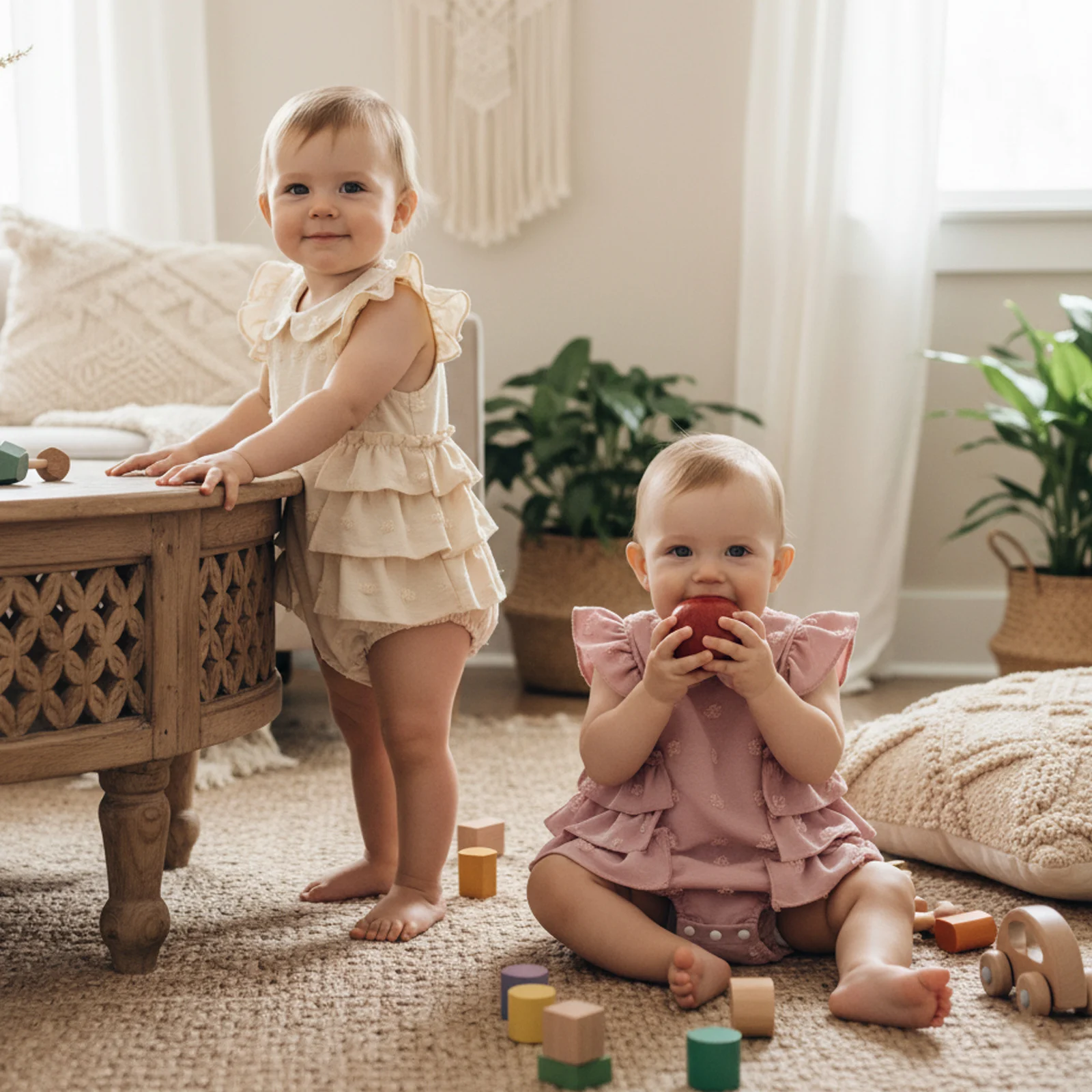 Barboteuse d'été pour bébé fille, manches volantes, col de poupée, mignon point brodé, garniture à volants, combinaison décorative
