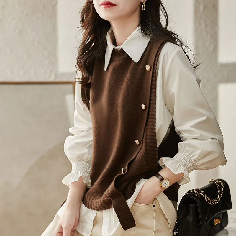 Women's Spring Autumn 2021 New Sweater Top Age-reducing Crew Neck Sleeveless Pullover Shirtvest