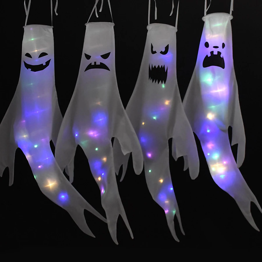 Halloween Light Ghost Windsock Flag LED Glowing Hanging Ghost Wind Sock Spooky Face Ghost Pendant Halloween Party Decoration