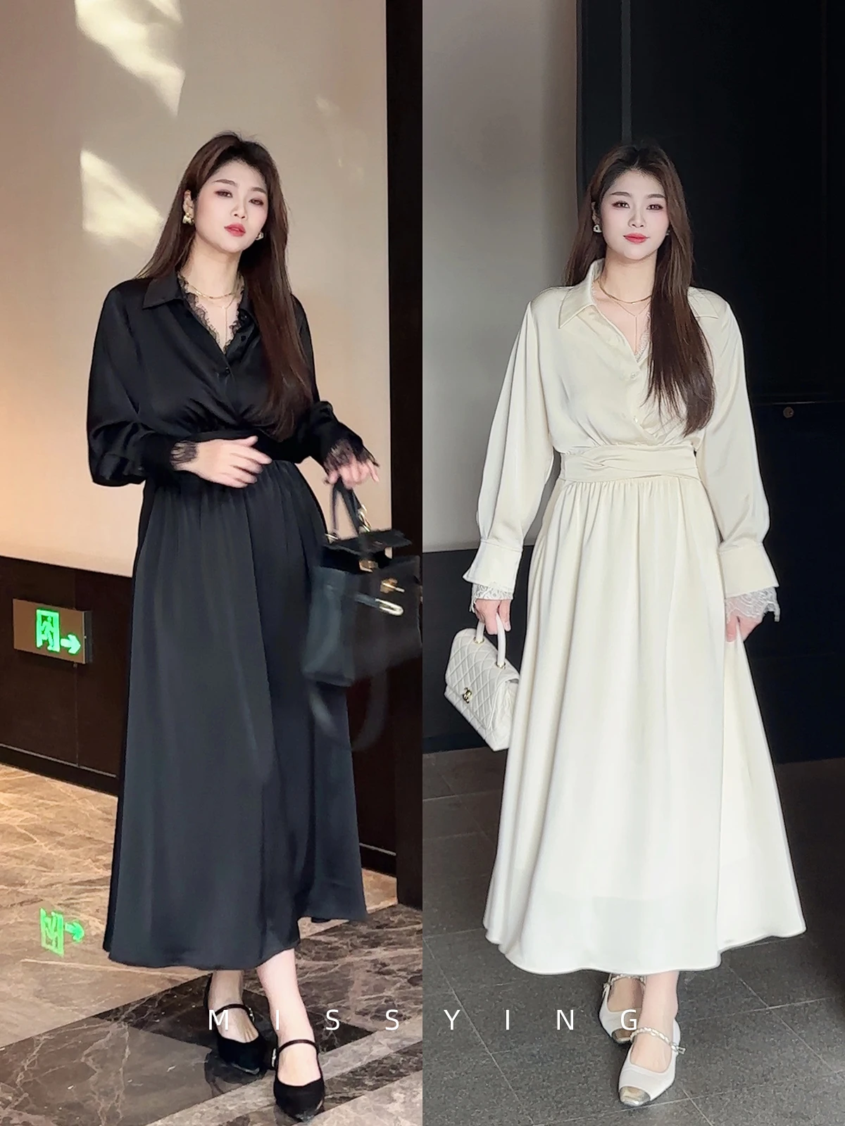 

Кружевное лоскутное атласное платье больших размеров Dr Autumn New Sle Fat MM irt Dr High Waist Long Sve Summer to Autumn Commute Sle