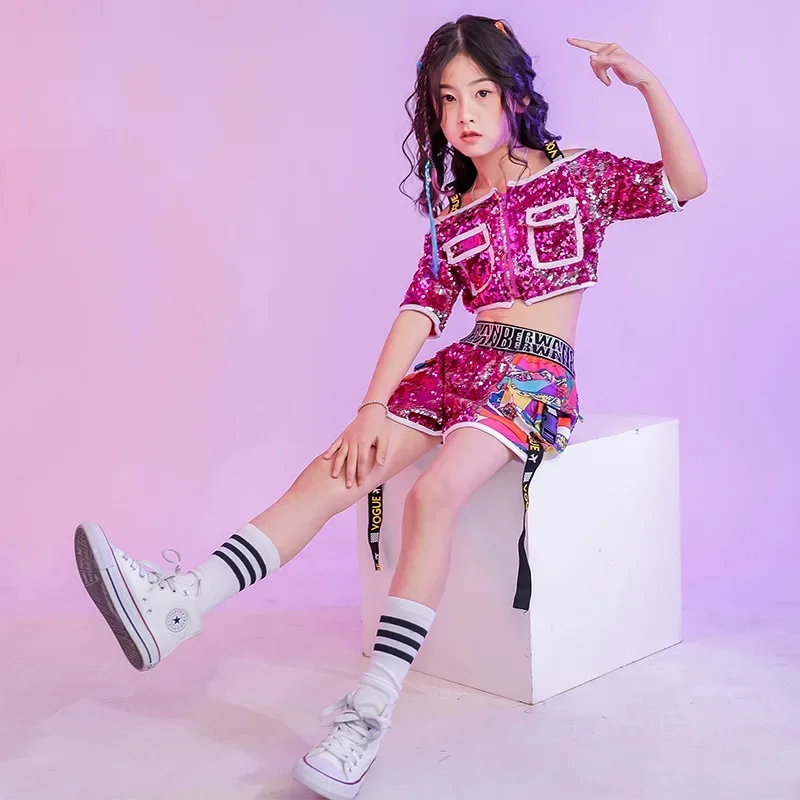 

Модные детские костюмы для выступлений, танцевальные костюмы для девочек в стиле джаз, костюмы для уличных танцев, с пайетками, рубашки с розами, шорты