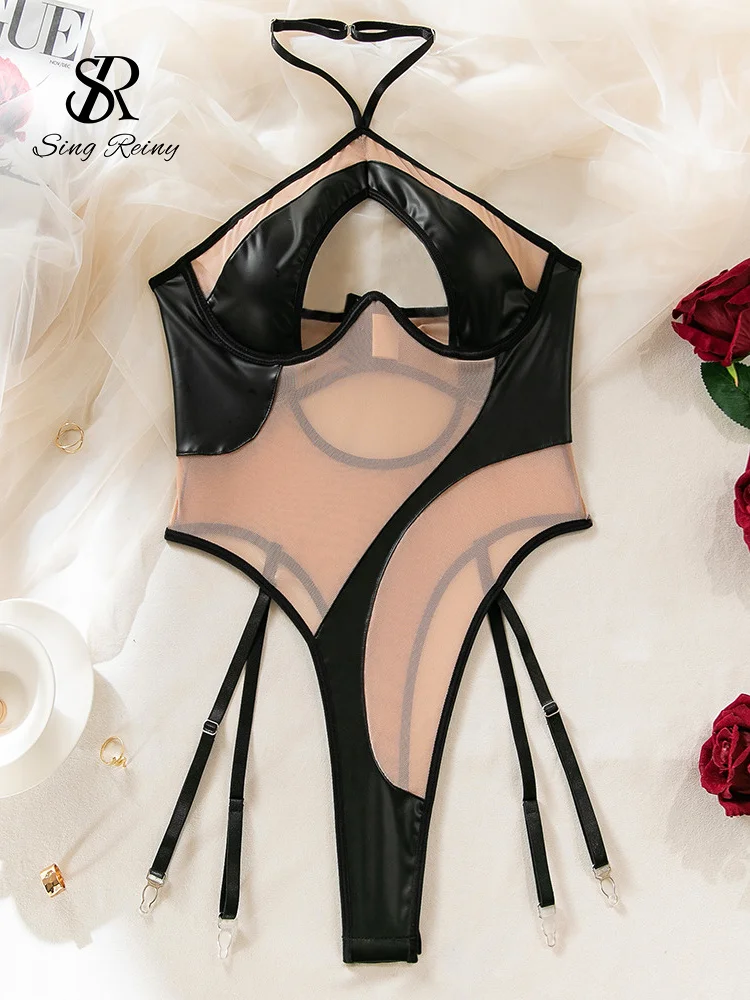 SINGREINY Halter Aushöhlen PU Leder Playsuits Frauen Liebsten Shapewear 2024 Mode Patchwork Sheer Backless Sexy Bodys