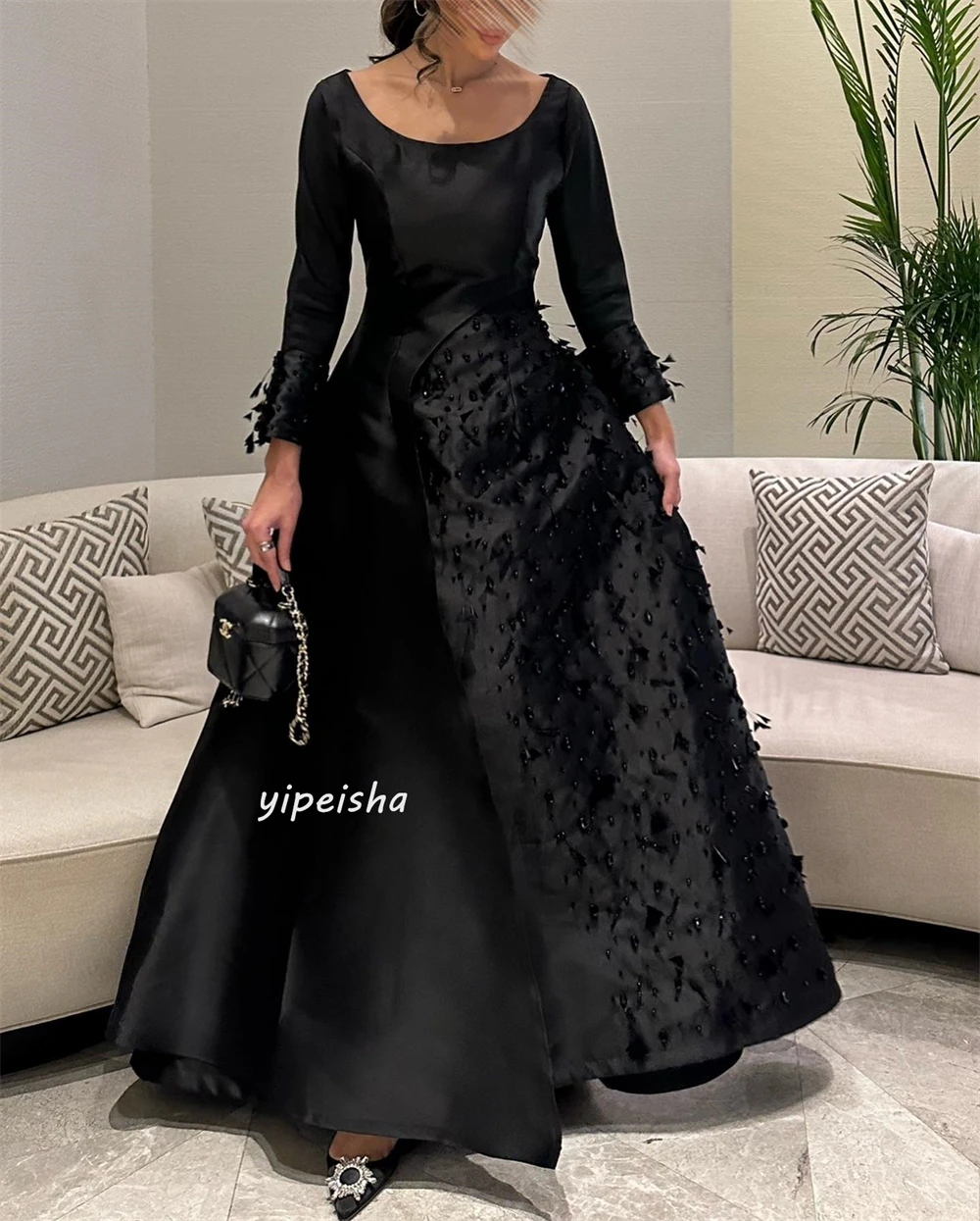 Hochwertige funkelnde exquisite Satin perlen drapiert formelle Abend A-Linie O-Ausschnitt maßge schneiderte Anlass Kleid lange Kleider