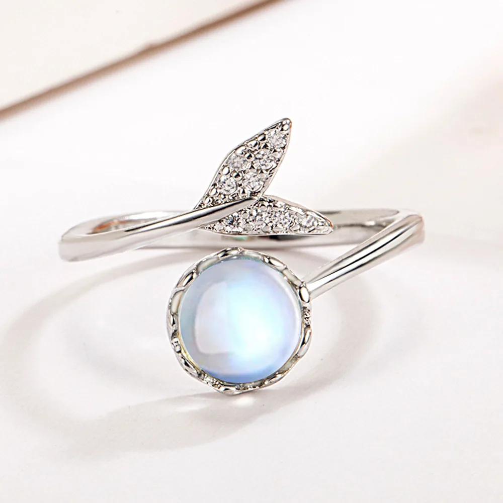 925 Sterling Silver Moonstone Open Ring, Asymmetrical Mermaid Tail Design with Pave CZ, Adjustable Iridescent Jewelry for Women