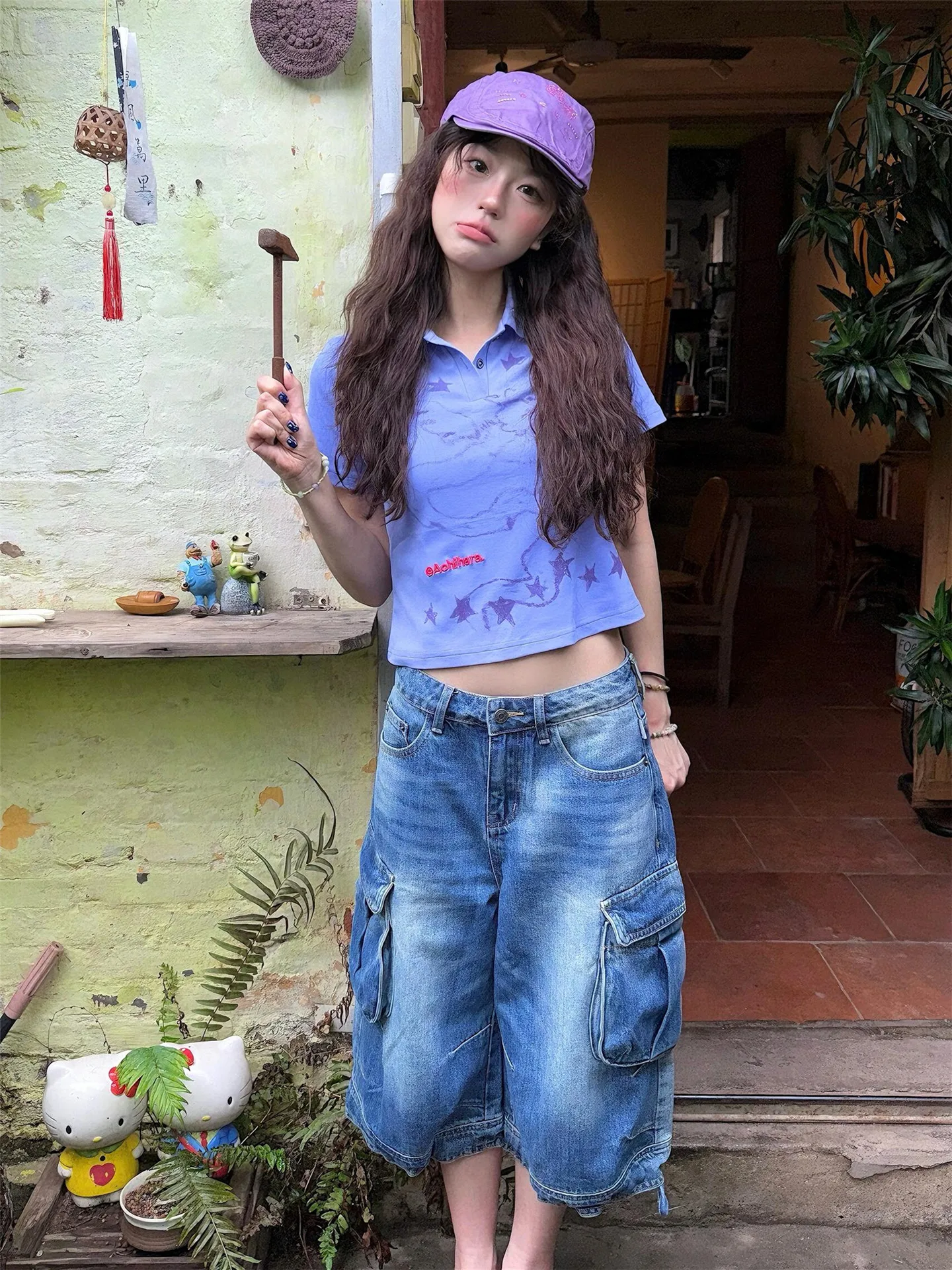 

Retro American Wide Leg Seven-Five Denim Shorts Women Summer Loose Slim Washed Multi-Pocket Workwear Casual Cotton Pants