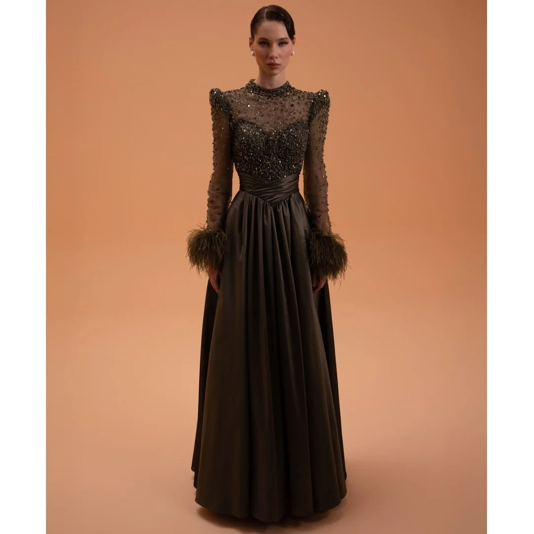 Transparent Long Sleeves Evening Dresses Heavy Beaded A Line Wedding Party Dress Customized Retro Prom Gown Formal Vestidos