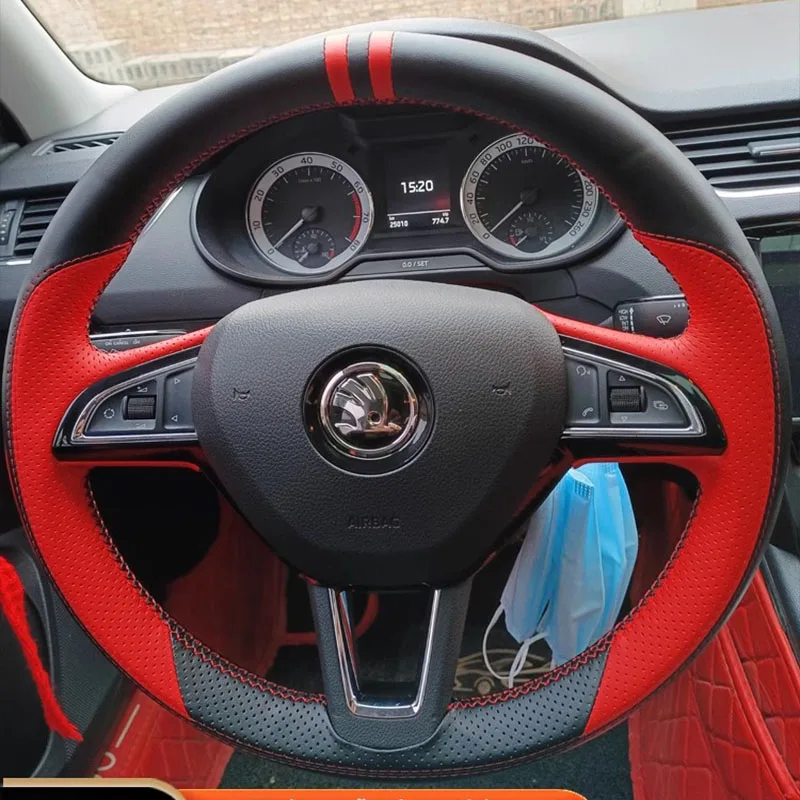 

hand stitched Genuine Leather Car Accessories Steering Wheel Cover For Skoda Rapid Spaceback Octavia Fabia 2016-2017 Interior