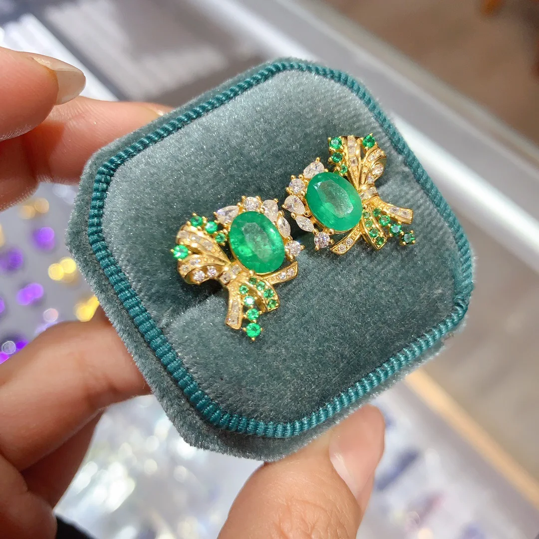 

Genuine Emerald Gemstone Earrings Deep Forest Green Radiant S925 Sterling Silver Timeless Elegant Women Party Jewelry