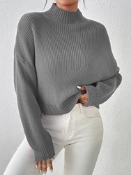 Women's Ribbed Knitted Sweater, Mock Neck Long Sleeve Pullover, Solid Color High Neck Drop Shoulder Jumper