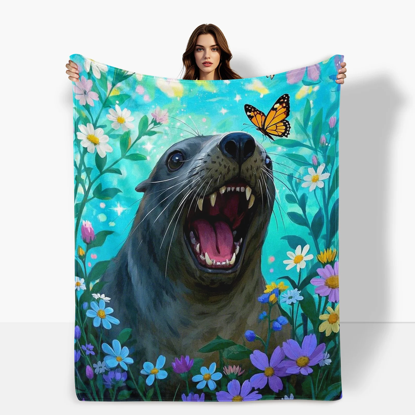 Fantasy Sea Lion Blanket Blue Green Theme Floral Butterfly Design Cute Cozy Throw For Home Decor Gift Idea Whimsical Ocean Art