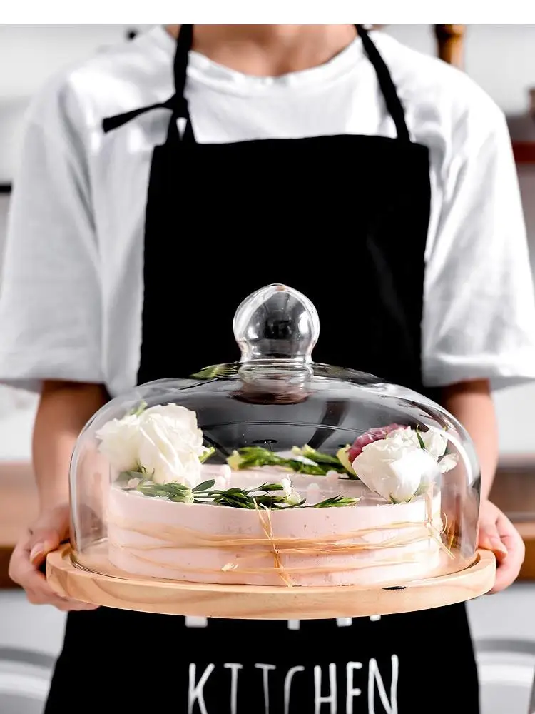 

European-style Rotating Wooden Cake Pan with Glass Cover Snack Tray Fruit Display Stand Baking Accessories