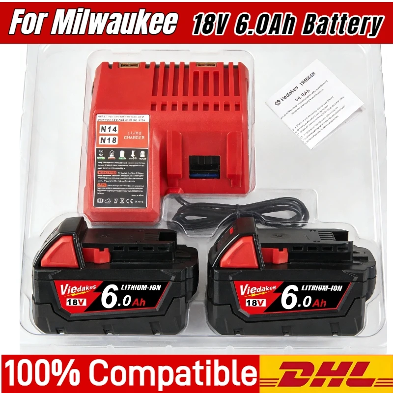 

100% compatible for Milwaukee 18V battery 6000mAh For Milwaukee M18B5 XC Li-ion battery 48-11-1815 2604-20 48-11-1850 charger