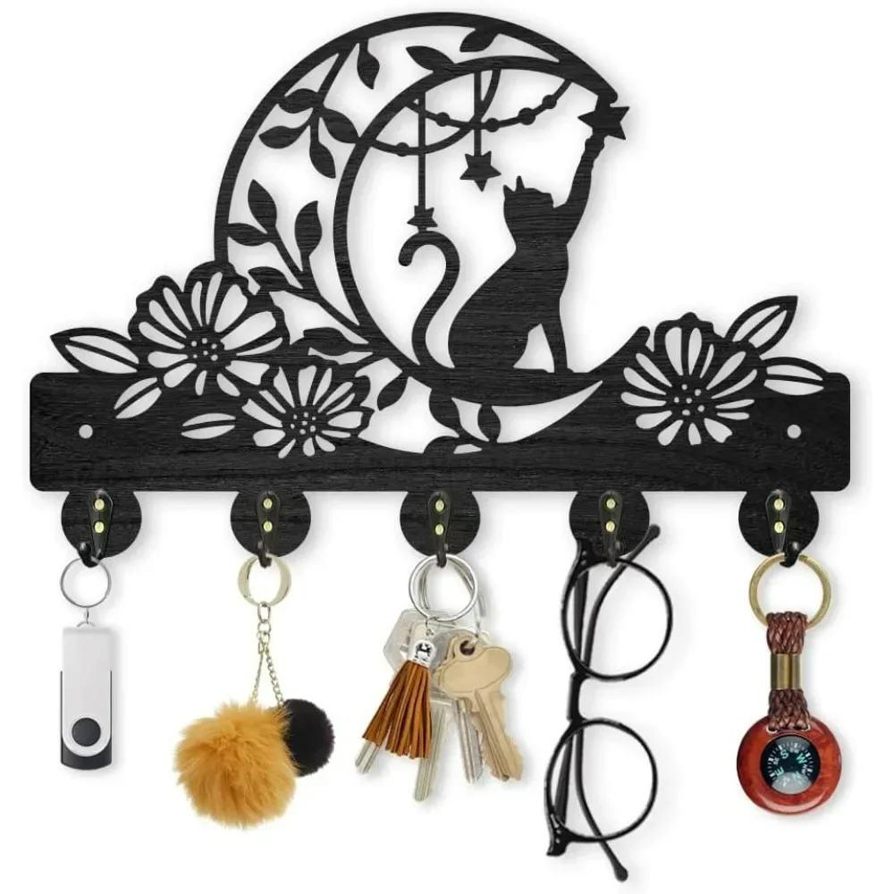 

Cat Moon Flower Coat Rack Wall Mounted Wood Animal Moon Star Key Hanger Wall Art Decor 11.8×7.9inch 5 Alloy Hooks Black Key Rack