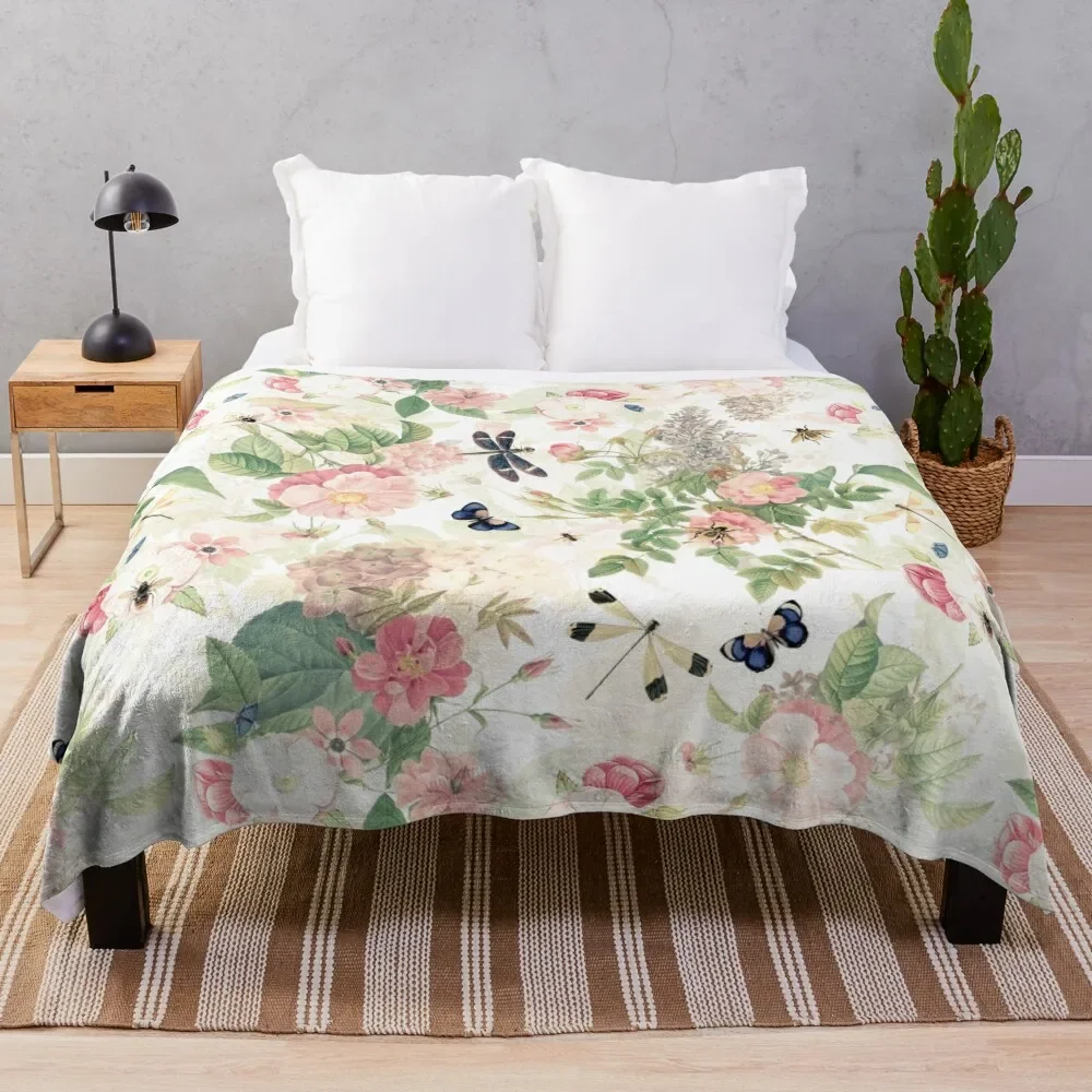 

UtART - Vintage Roses Spring Flower And Early Insects Pattern - Sepia Blush Cream white Throw Blanket Sofa Quilt Furrys Blankets