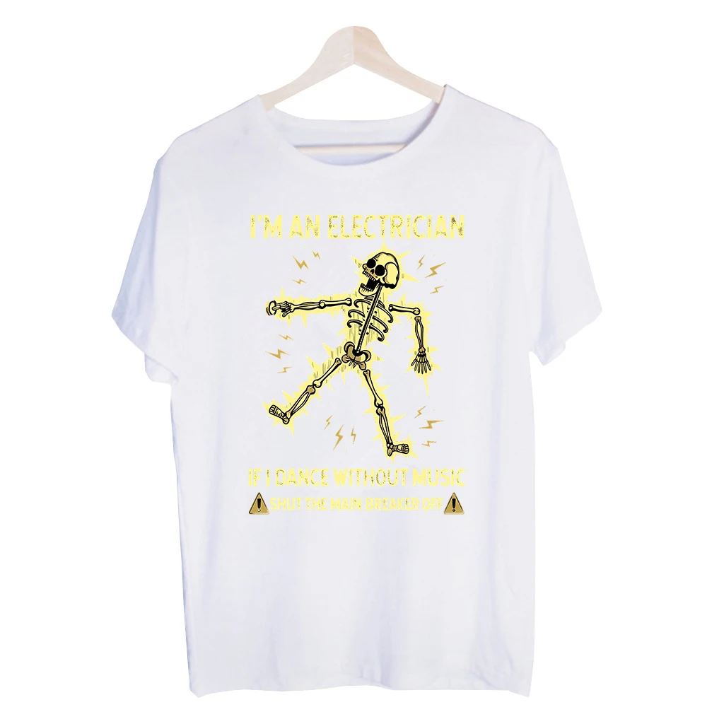 Men's Skeleton Electrician Graphic Tee, Short Sleeve Crew Neck T-Shirt for Casual Workwear and Everyday Outfits