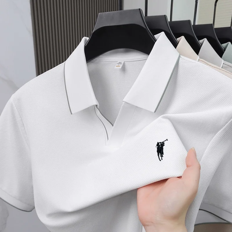 Men's luxury v-neck polo shirts anti-wrinkle breathable high-texture comfort short sleeve golf business casual embroidered Tee