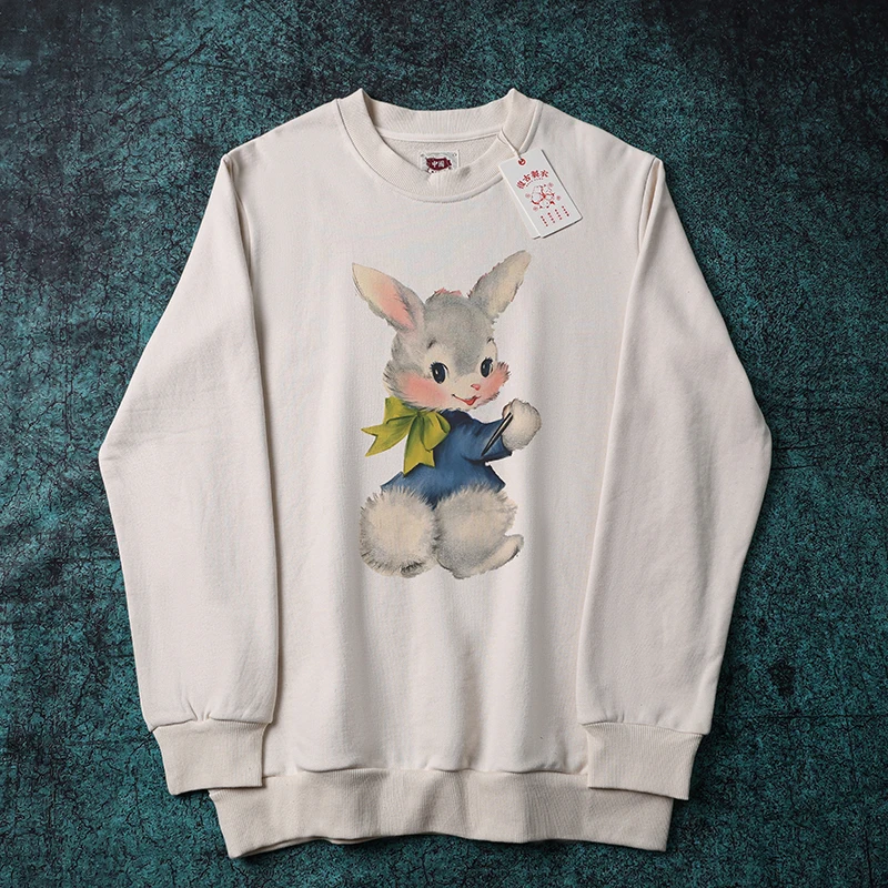 

Американский ретро-свитшот с мультяшным кроликом, с длинными рукавами, из утолщенного хлопка, повседневный топ для мужчин среднего и молодого возраста