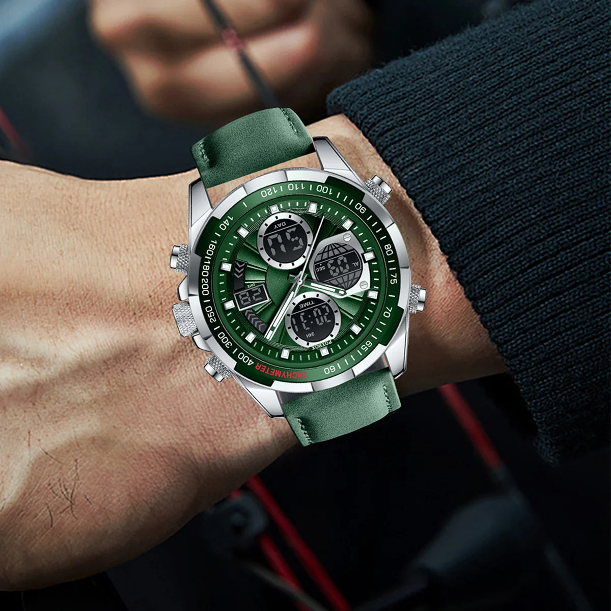 أزياء رجالي ساعات فاخرة حزام من الجلد الأعمال كوارتز ساعة اليد الرياضة في الهواء الطلق للماء رجل ووتش LED عرض مزدوج على مدار الساعة